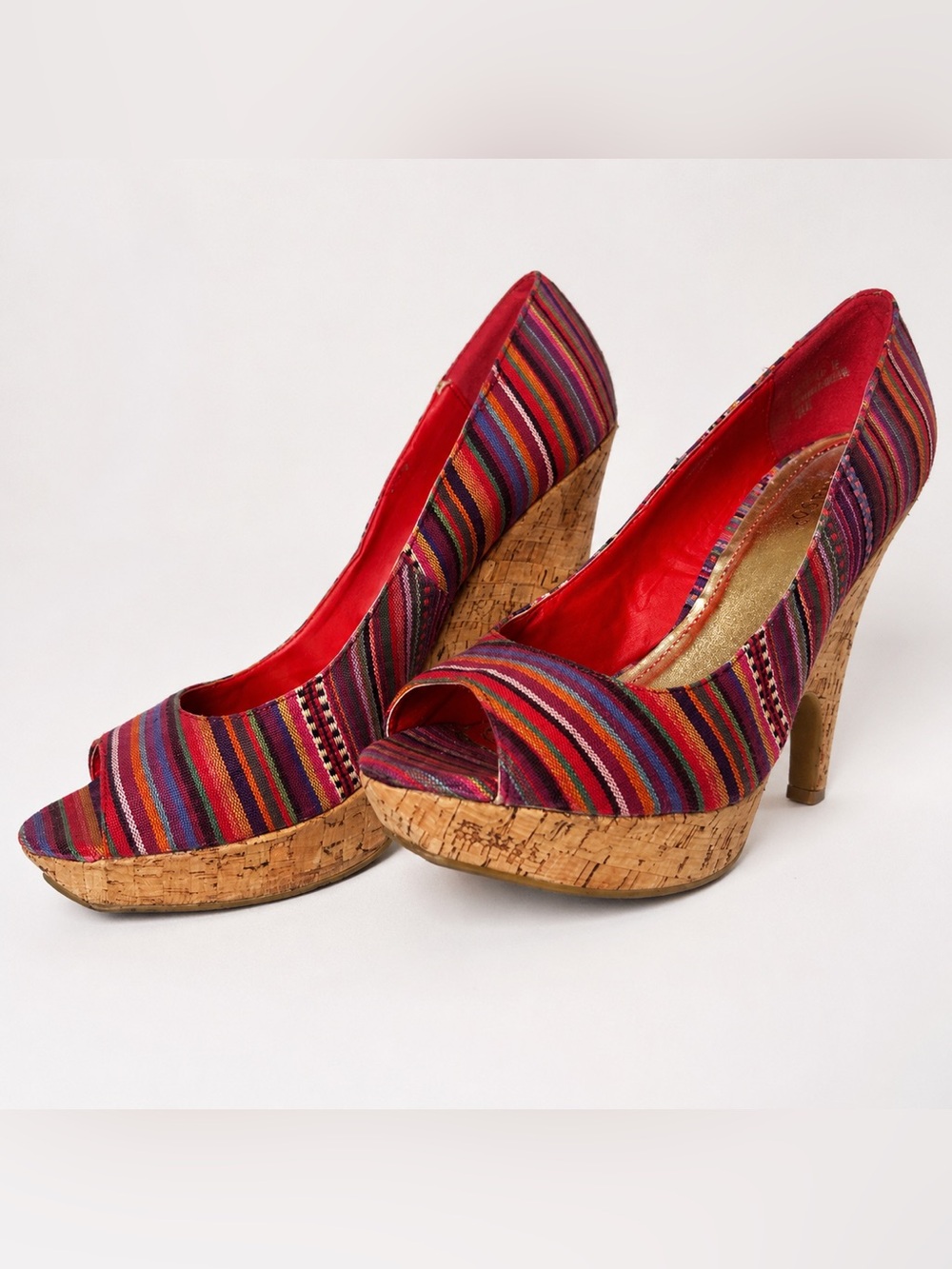 Bamboo Multicolor Striped Cork Platform Peep Toe Heels Size 8.5 Boho Pumps